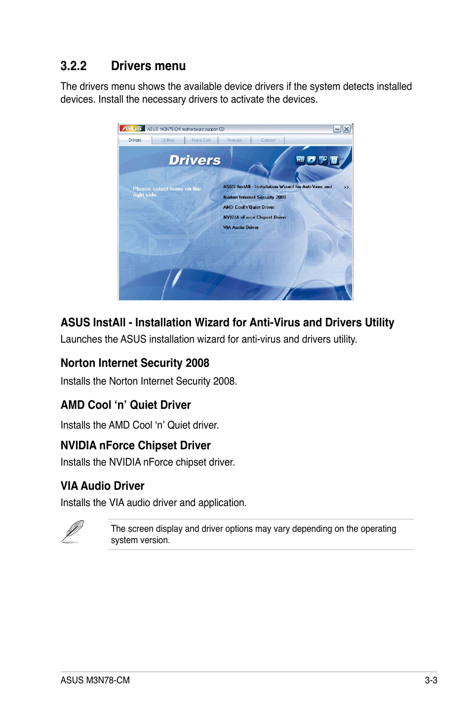 2 drivers menu | Asus M3N78-CM User Manual | Page 91 / 110