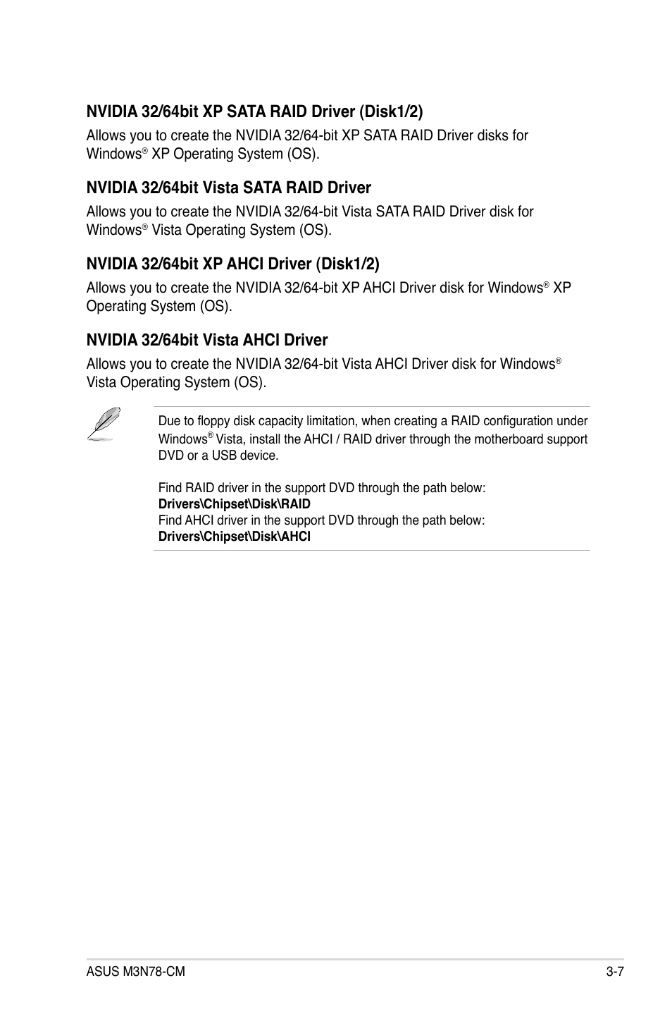 Nvidia 32/64bit vista sata raid driver, Nvidia 32/64bit vista ahci driver | Asus M3N78-CM User Manual | Page 95 / 110