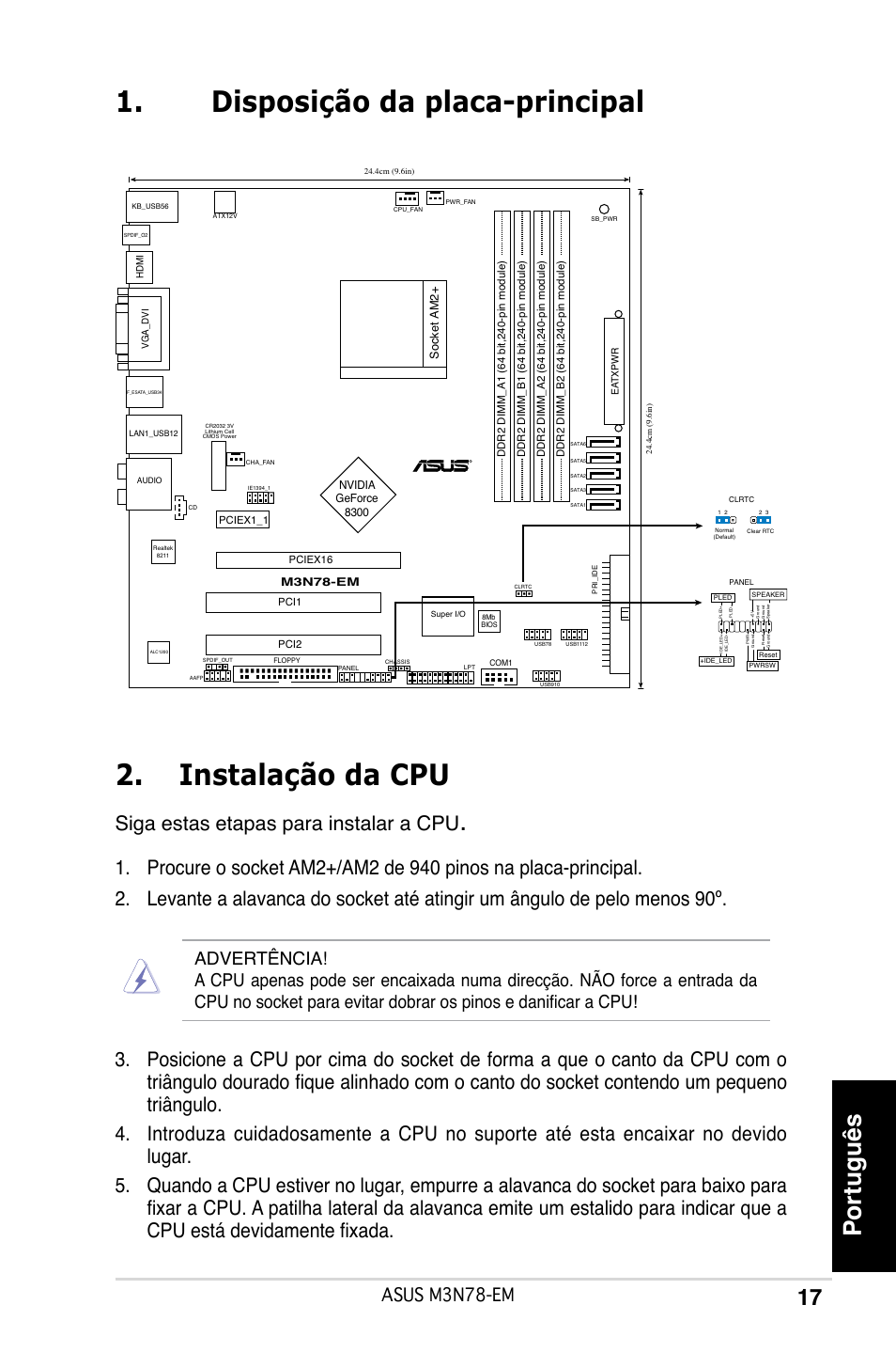 Disposição da placa-principal 2. instalação da cpu, Português, Siga estas etapas para instalar a cpu | Asus m3n78-em | Asus M3N78-EM User Manual | Page 17 / 38