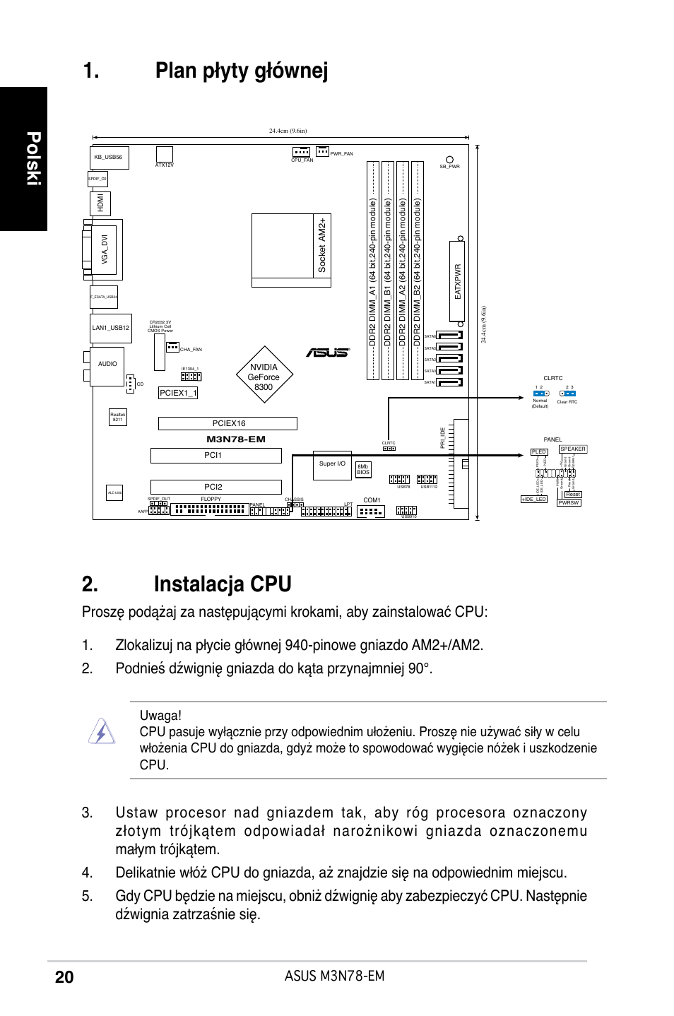 Instalacja cpu, Plan płyty głównej, Polski | Asus m3n78-em | Asus M3N78-EM User Manual | Page 20 / 38