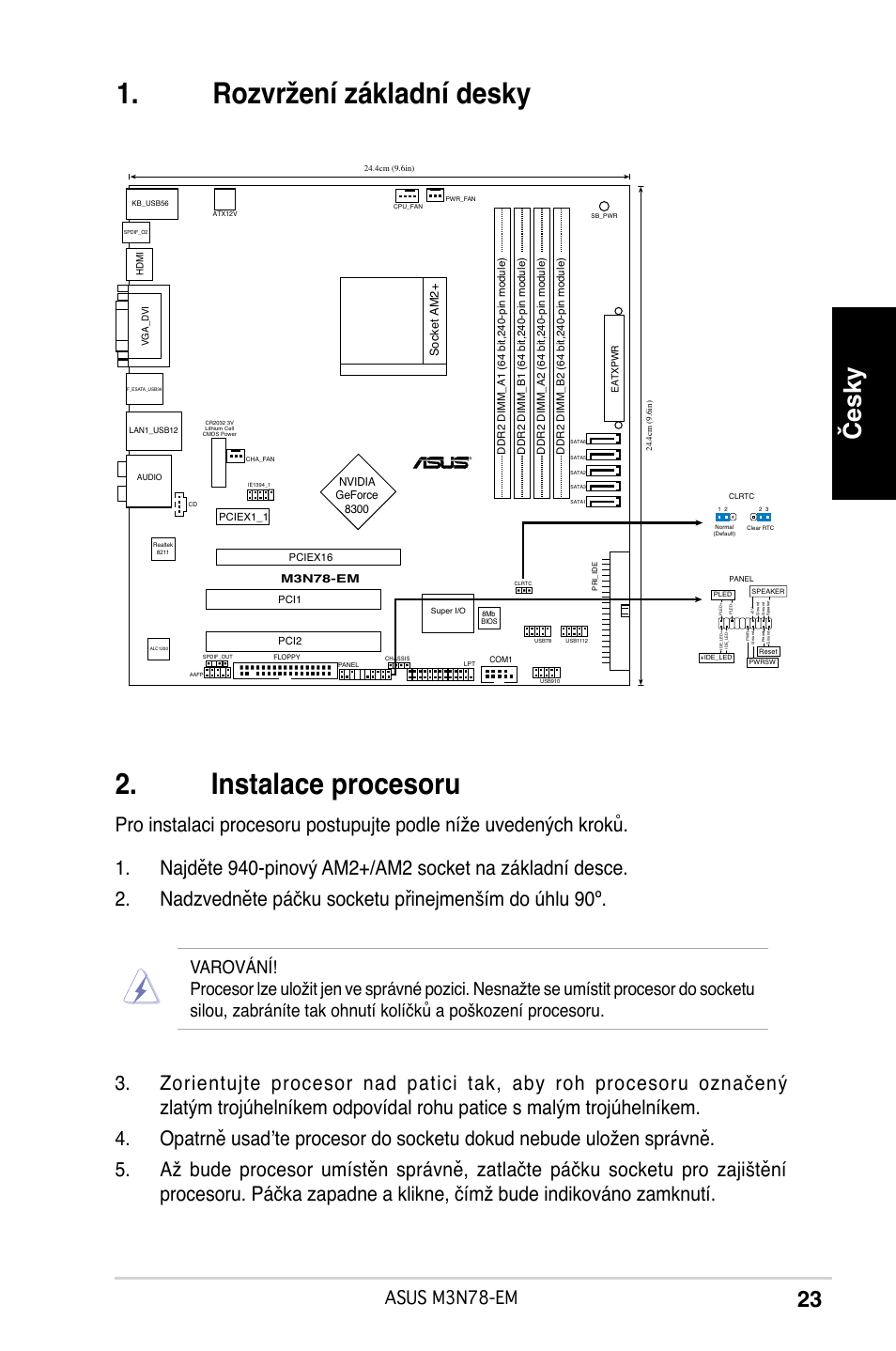 Instalace procesoru, Rozvržení základní desky, Česky | Asus m3n78-em | Asus M3N78-EM User Manual | Page 23 / 38