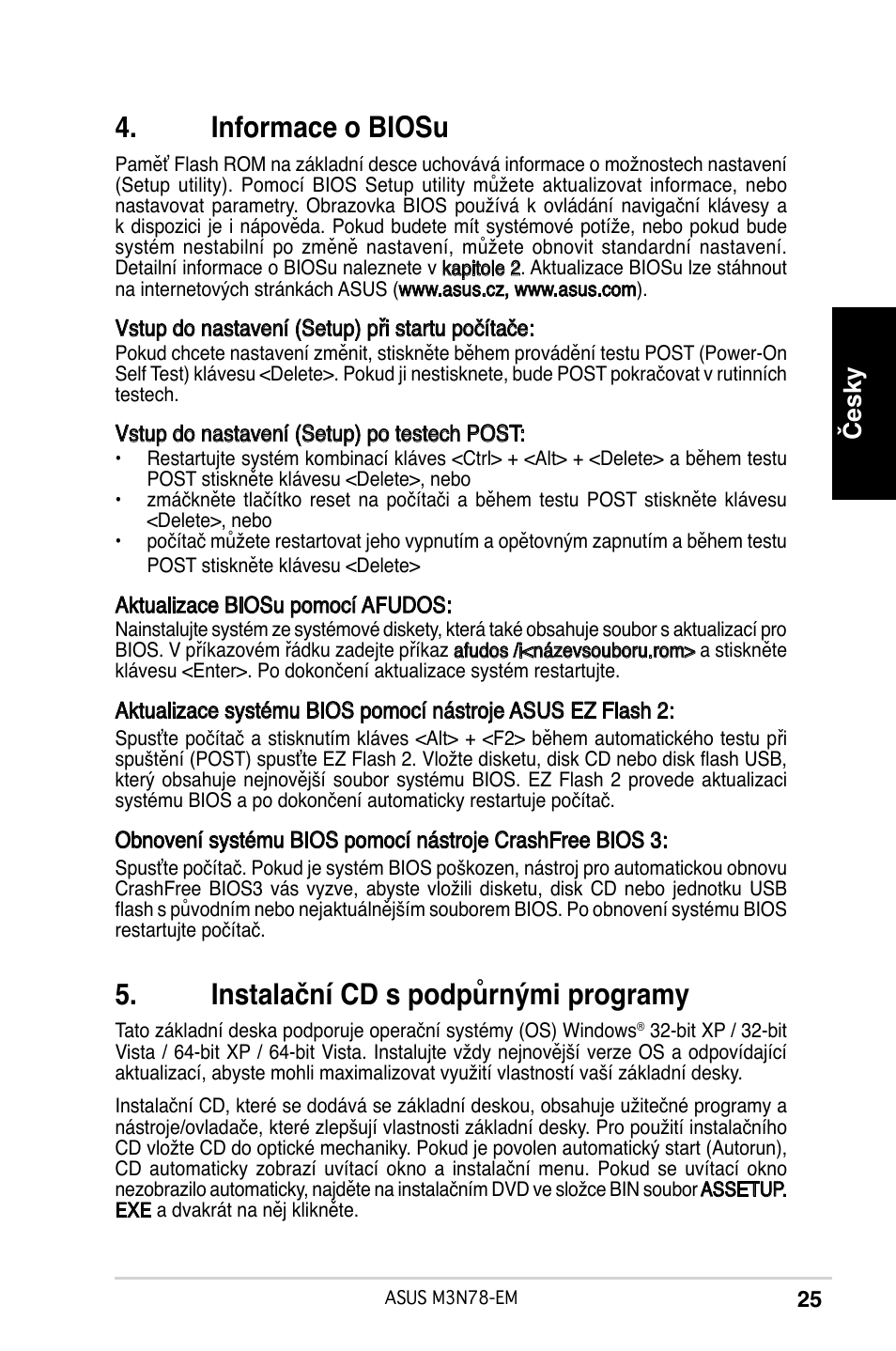 Informace o biosu, Instalační cd s podpůrnými programy, Česky | Asus M3N78-EM User Manual | Page 25 / 38