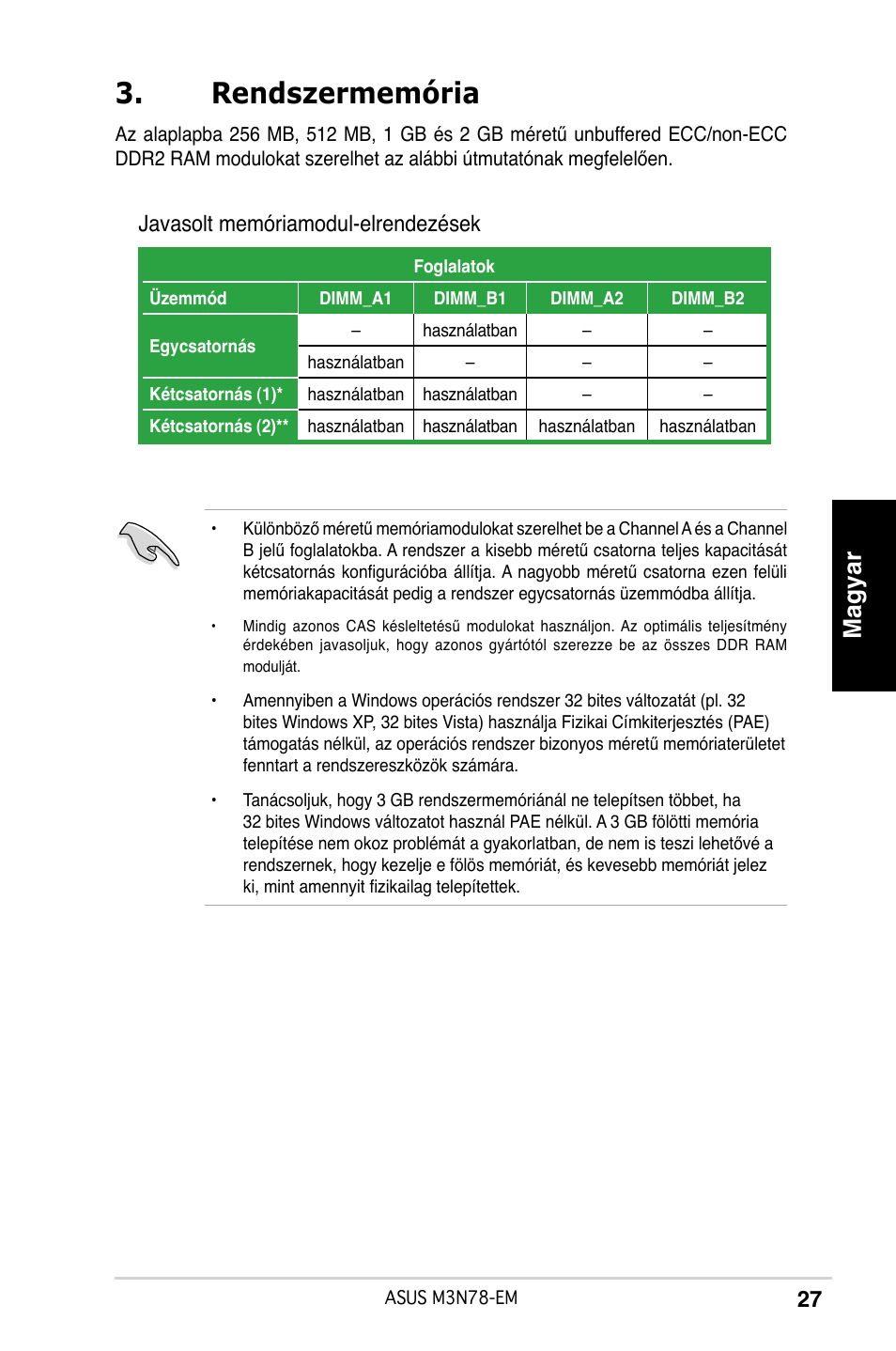 Rendszermemória, Magyar, Javasolt memóriamodul-elrendezések | Asus M3N78-EM User Manual | Page 27 / 38