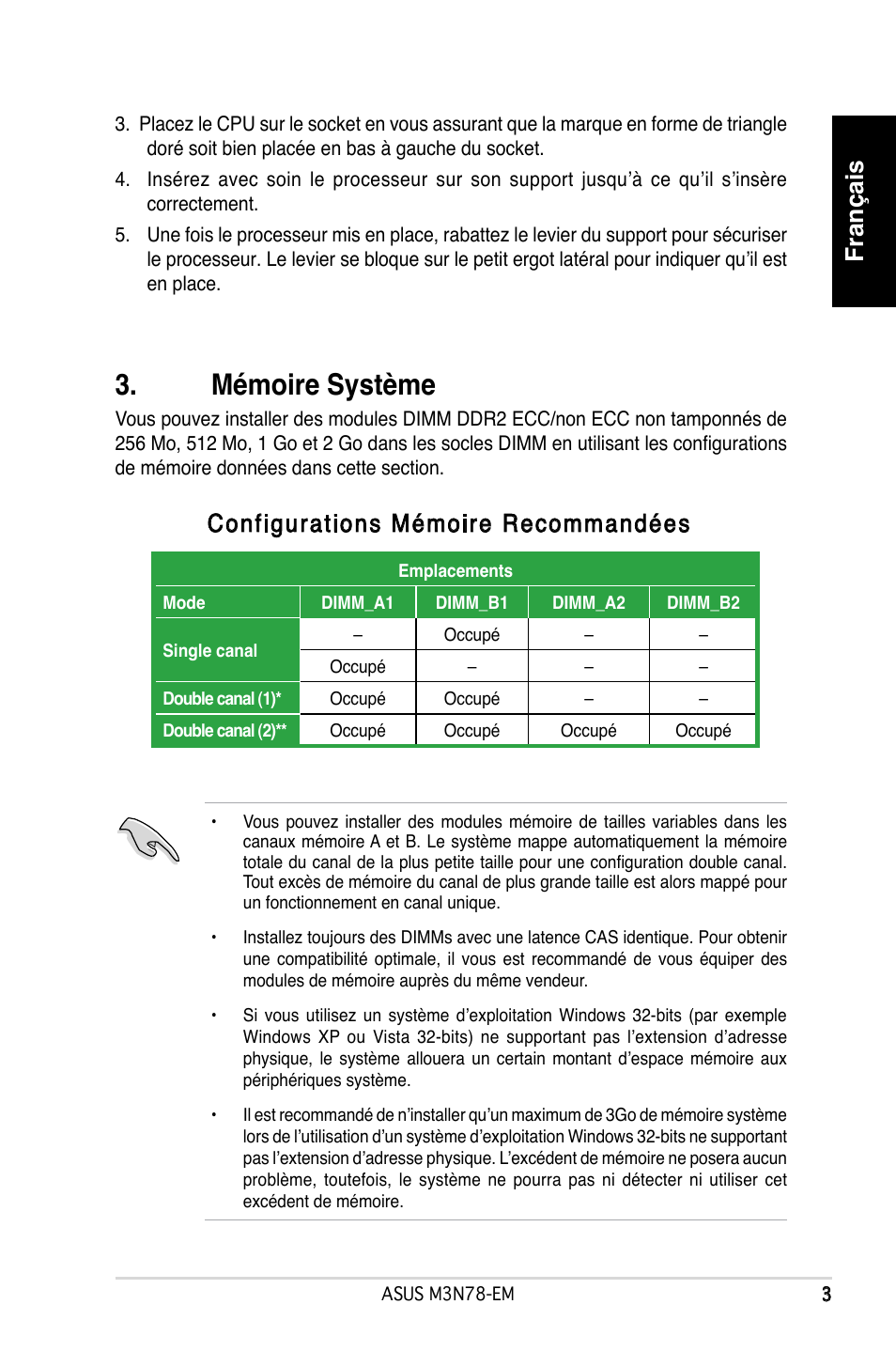 Mémoire système, Français, Configurations mémoire recommandées | Asus M3N78-EM User Manual | Page 3 / 38