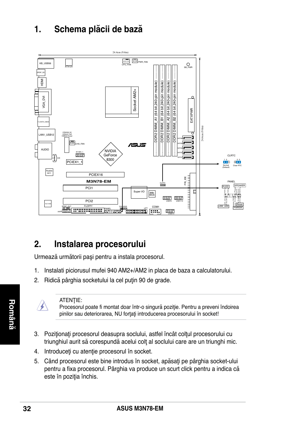 Schema plăcii de bază 2. instalarea procesorului, Română | Asus M3N78-EM User Manual | Page 32 / 38