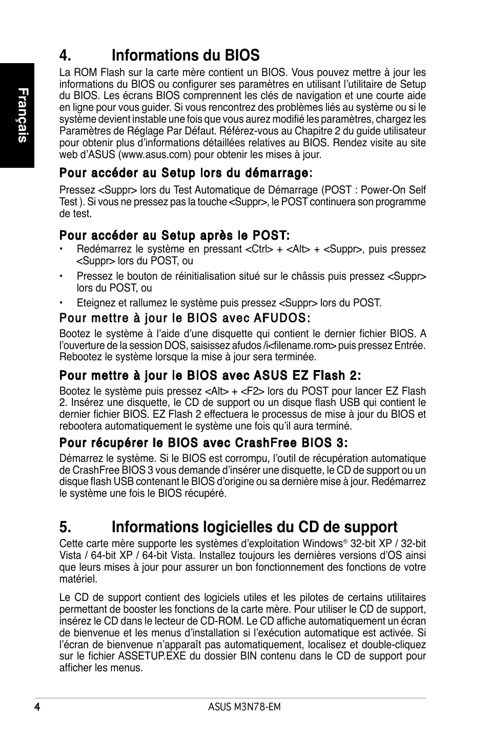 Informations du bios, Informations logicielles du cd de support, Français | Asus M3N78-EM User Manual | Page 4 / 38