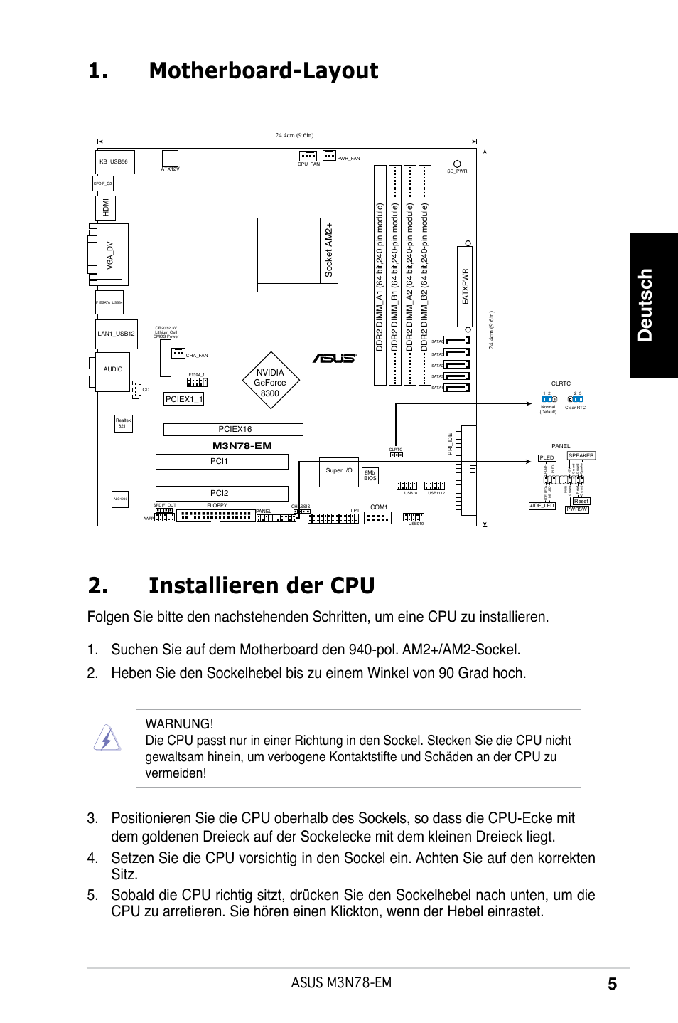 Motherboard-layout 2. installieren der cpu, Deutsch, Asus m3n78-em | Asus M3N78-EM User Manual | Page 5 / 38