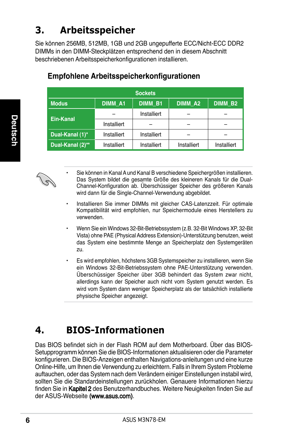 Arbeitsspeicher, Bios-informationen, Deutsch | Empfohlene arbeitsspeicherkonfigurationen | Asus M3N78-EM User Manual | Page 6 / 38