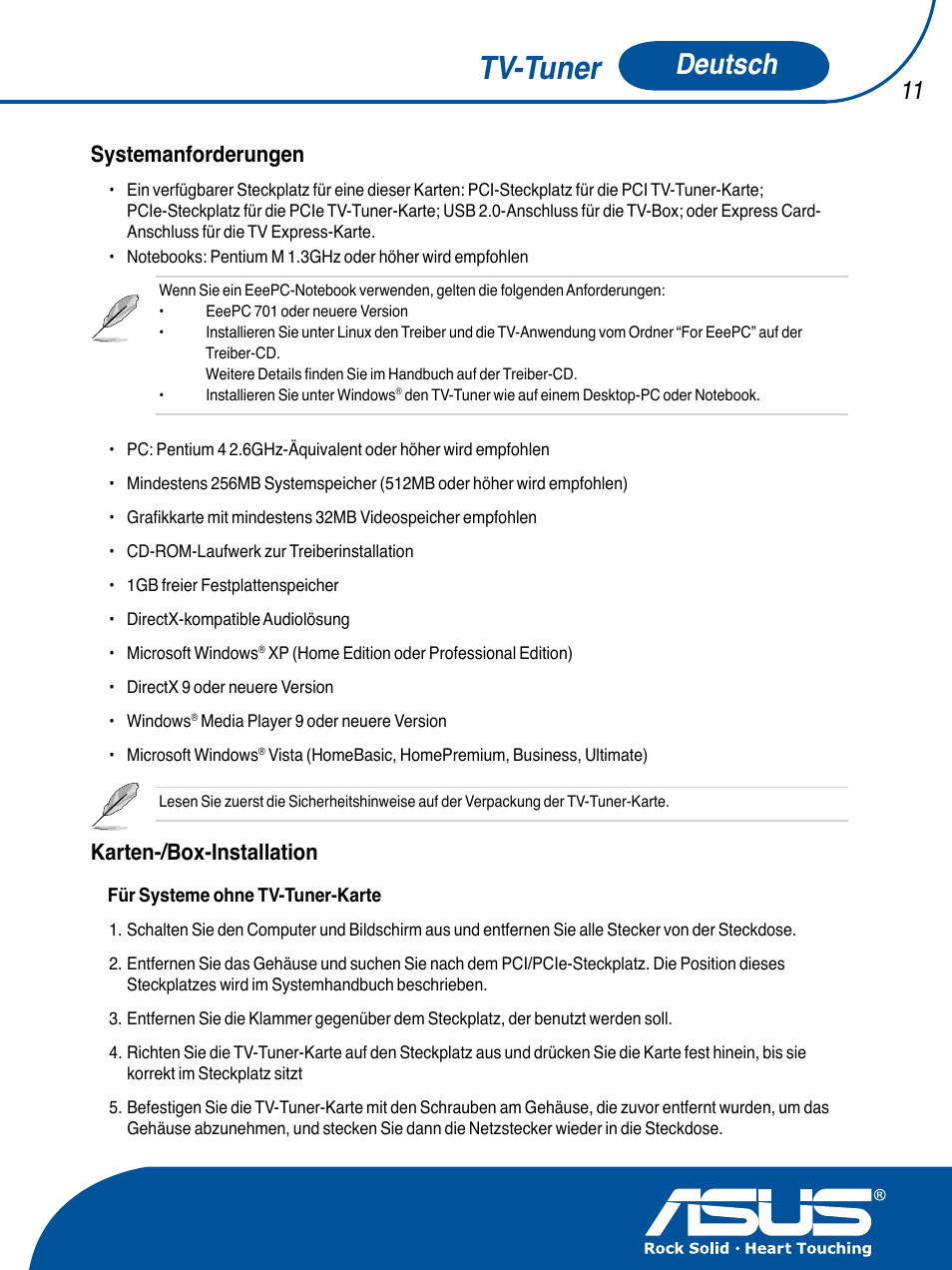 Tv-tuner, Deutsch, Systemanforderungen | Karten-/box-installation | Asus TV TUNER CARD(NTSC) User Manual | Page 12 / 146