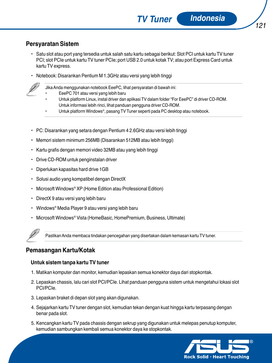 Tv tuner, Indonesia, Persyaratan sistem | Pemasangan kartu/kotak | Asus TV TUNER CARD(NTSC) User Manual | Page 122 / 146