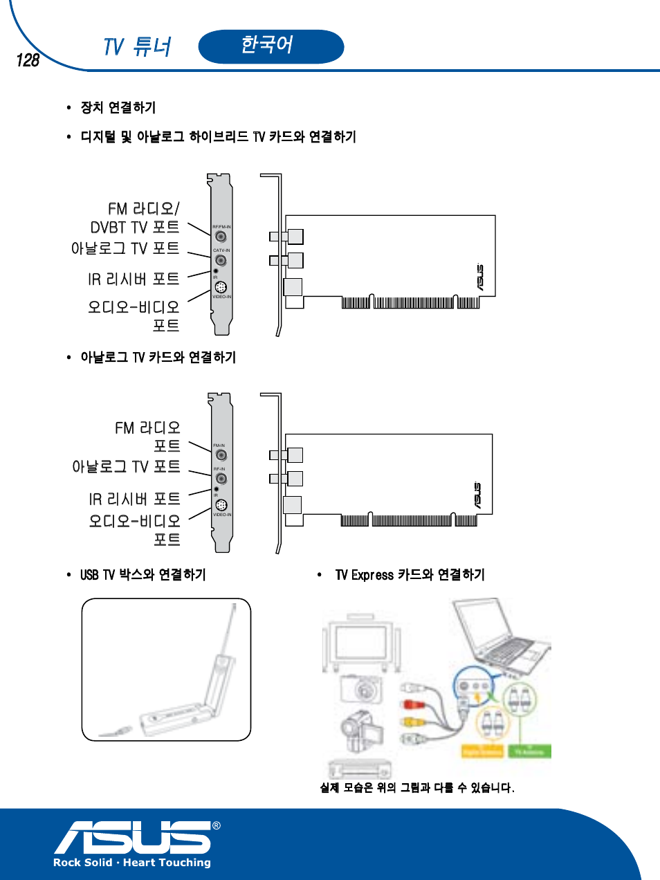 Tv 튜너, Fm 라디오/ dvbt tv 포트 아날로그 tv 포트 ir 리시버 포트 오디오-비디오 포트, Fm 라디오 포트 아날로그 tv 포트 ir 리시버 포트 오디오-비디오 포트 | Asus TV TUNER CARD(NTSC) User Manual | Page 129 / 146