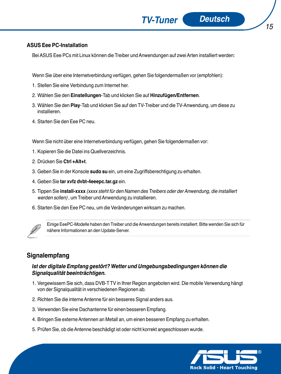 Tv-tuner, Deutsch, Signalempfang | Asus TV TUNER CARD(NTSC) User Manual | Page 16 / 146