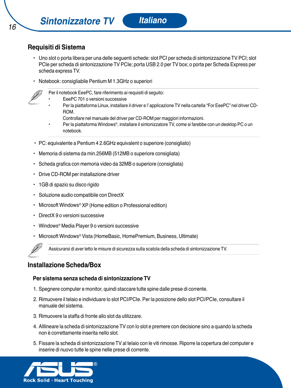 Sintonizzatore tv, Italiano, Requisiti di sistema | Installazione scheda/box | Asus TV TUNER CARD(NTSC) User Manual | Page 17 / 146