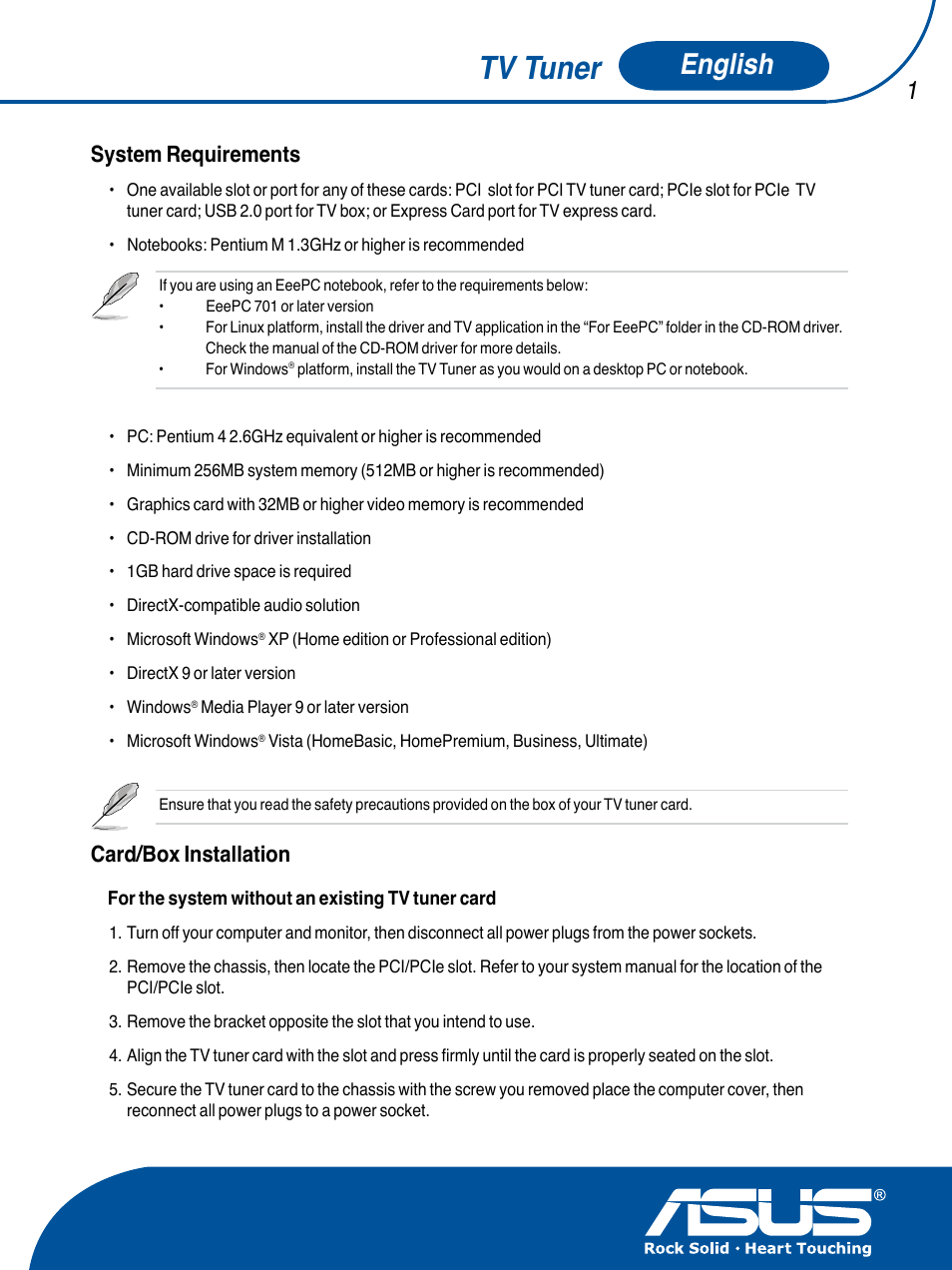 Tv tuner, English, System requirements | Card/box installation | Asus TV TUNER CARD(NTSC) User Manual | Page 2 / 146