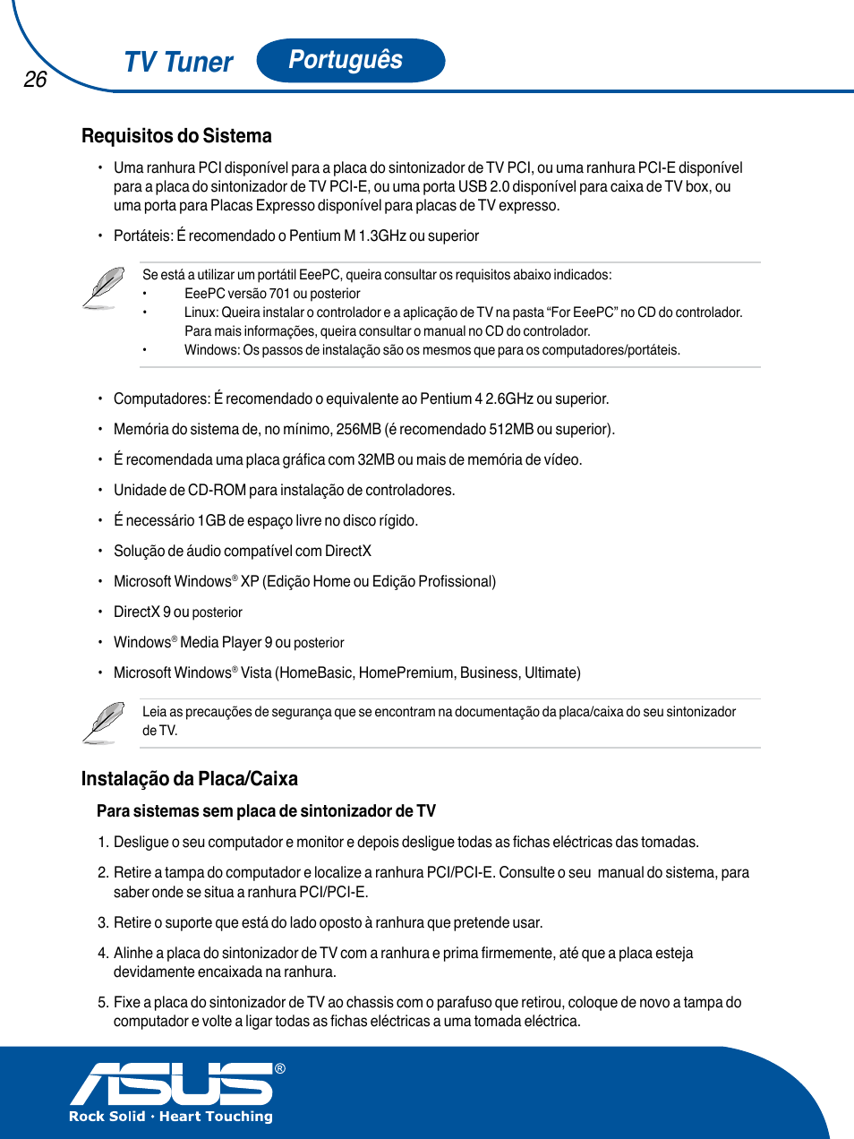 Tv tuner, Português, Requisitos do sistema | Instalação da placa/caixa | Asus TV TUNER CARD(NTSC) User Manual | Page 27 / 146