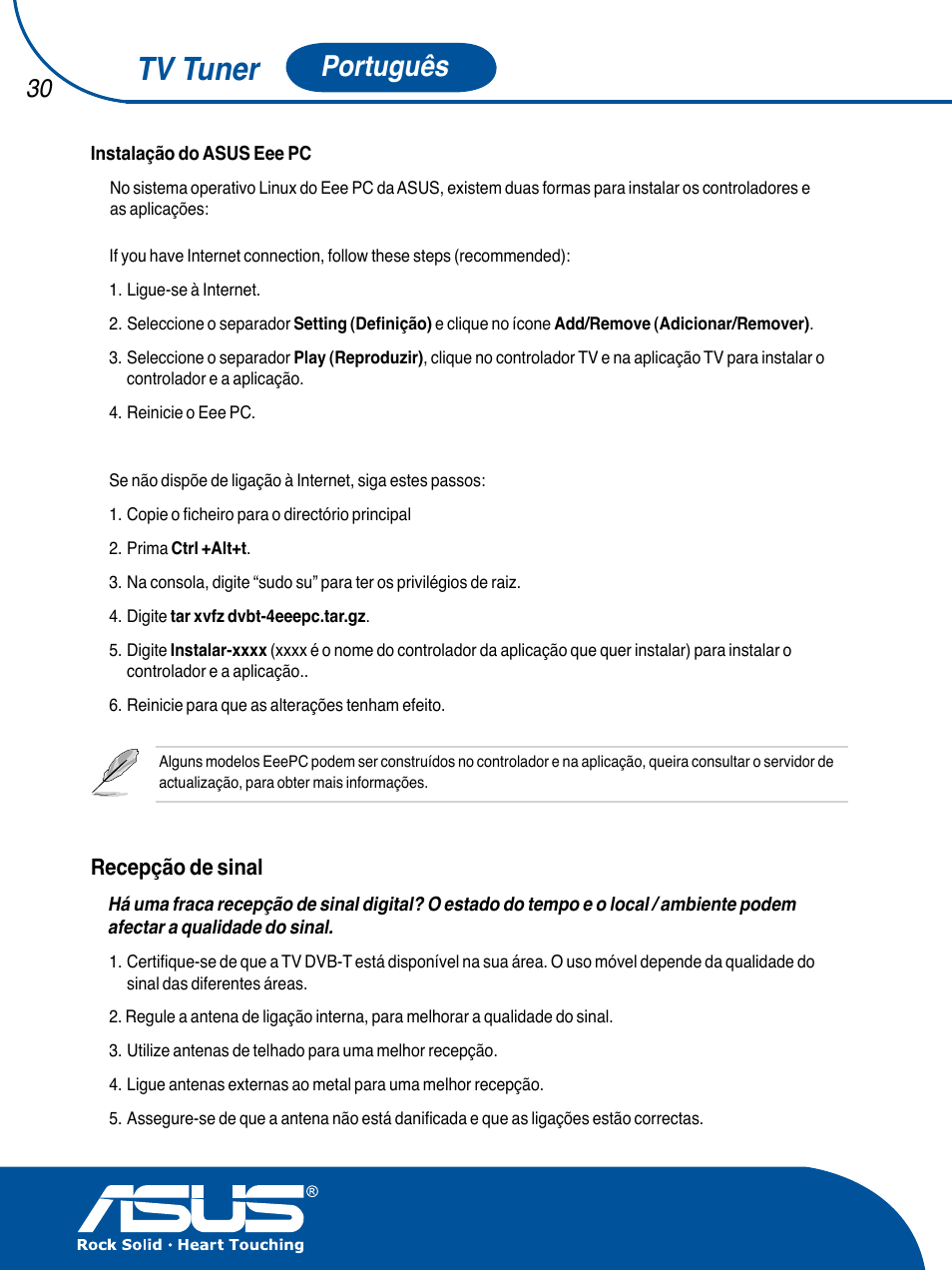 Tv tuner, Português, Recepção de sinal | Asus TV TUNER CARD(NTSC) User Manual | Page 31 / 146