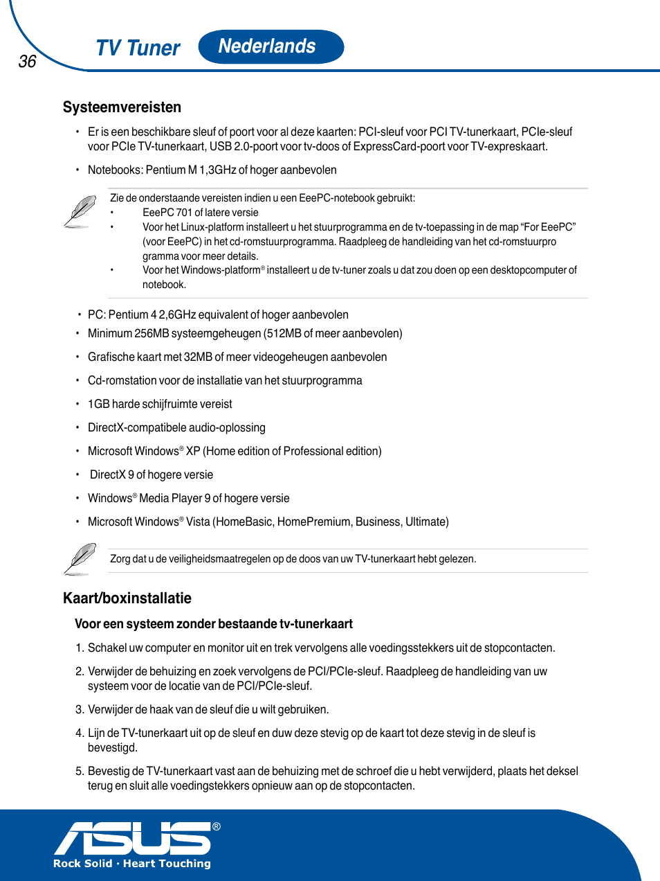 Tv tuner, Nederlands, Systeemvereisten | Kaart/boxinstallatie | Asus TV TUNER CARD(NTSC) User Manual | Page 37 / 146