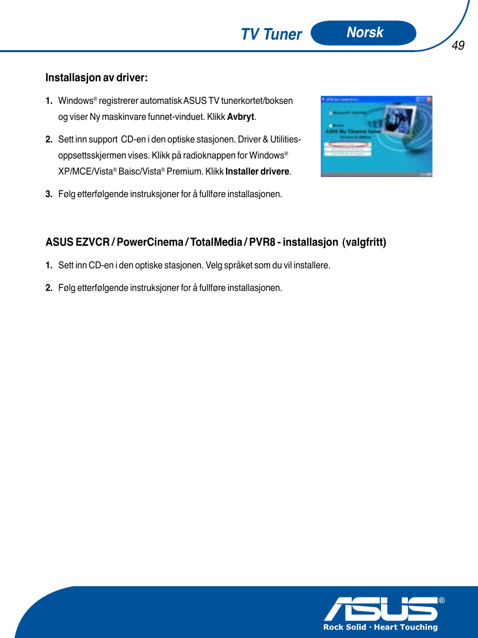 Tv tuner, Norsk | Asus TV TUNER CARD(NTSC) User Manual | Page 50 / 146