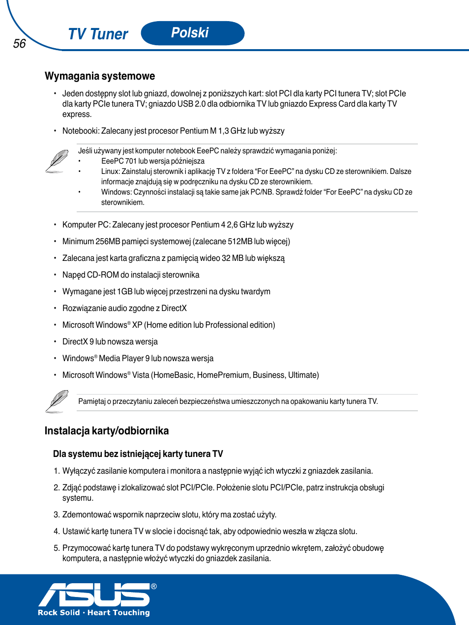 Tv tuner, Polski, Wymagania systemowe | Instalacja karty/odbiornika | Asus TV TUNER CARD(NTSC) User Manual | Page 57 / 146