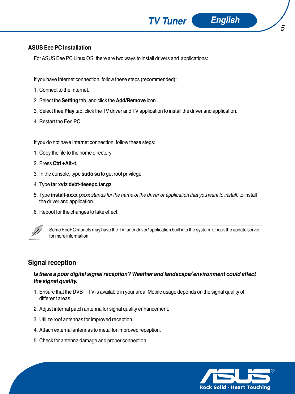 Tv tuner, English, Signal reception | Asus TV TUNER CARD(NTSC) User Manual | Page 6 / 146