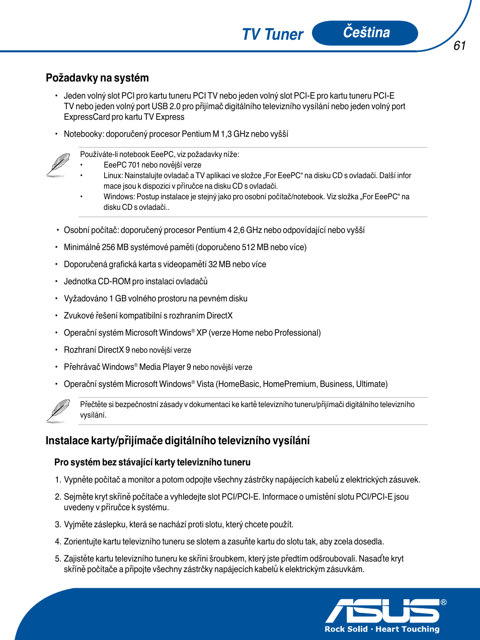 Tv tuner, Čeština, Požadavky na systém | Asus TV TUNER CARD(NTSC) User Manual | Page 62 / 146