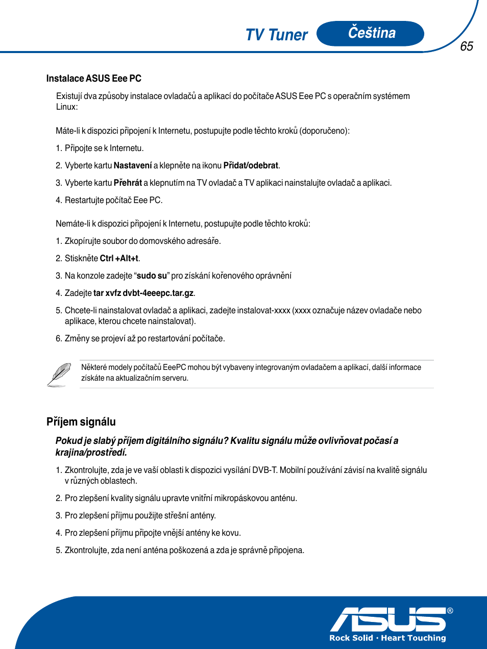 Tv tuner, Čeština, Příjem signálu | Asus TV TUNER CARD(NTSC) User Manual | Page 66 / 146