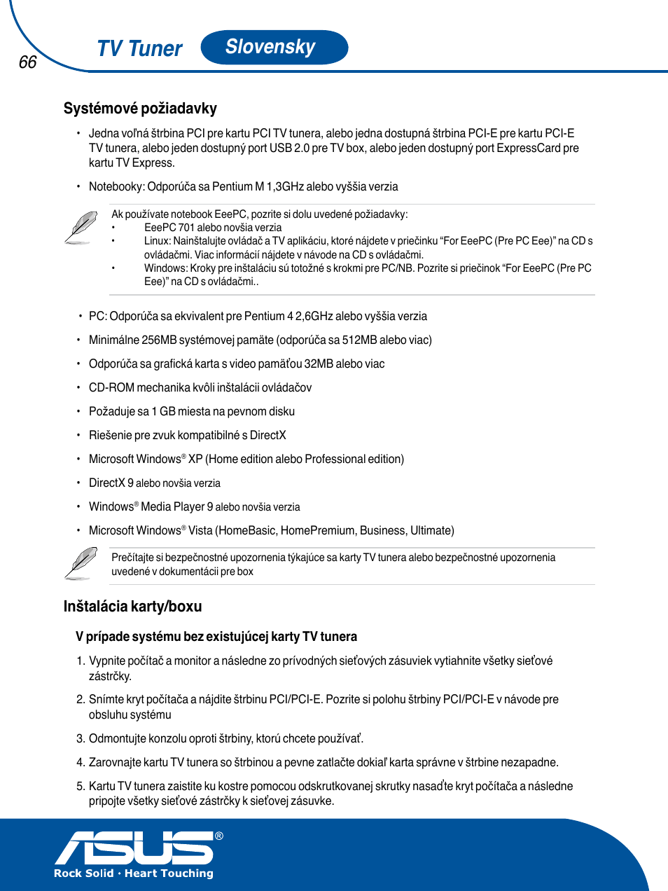 Tv tuner, Slovensky, Systémové požiadavky | Inštalácia karty/boxu | Asus TV TUNER CARD(NTSC) User Manual | Page 67 / 146