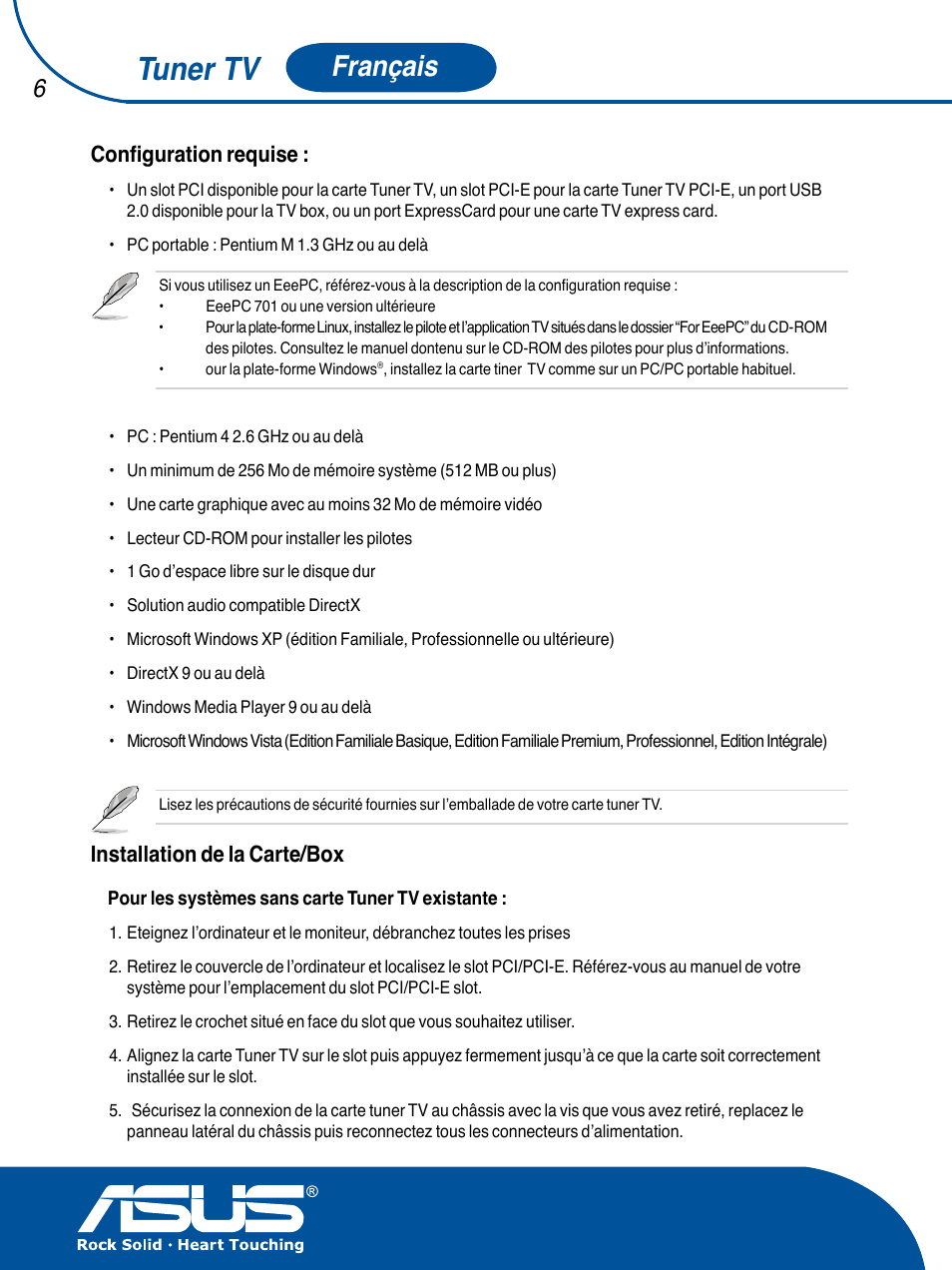 Tuner tv, Français, Configuration requise | Installation de la carte/box | Asus TV TUNER CARD(NTSC) User Manual | Page 7 / 146