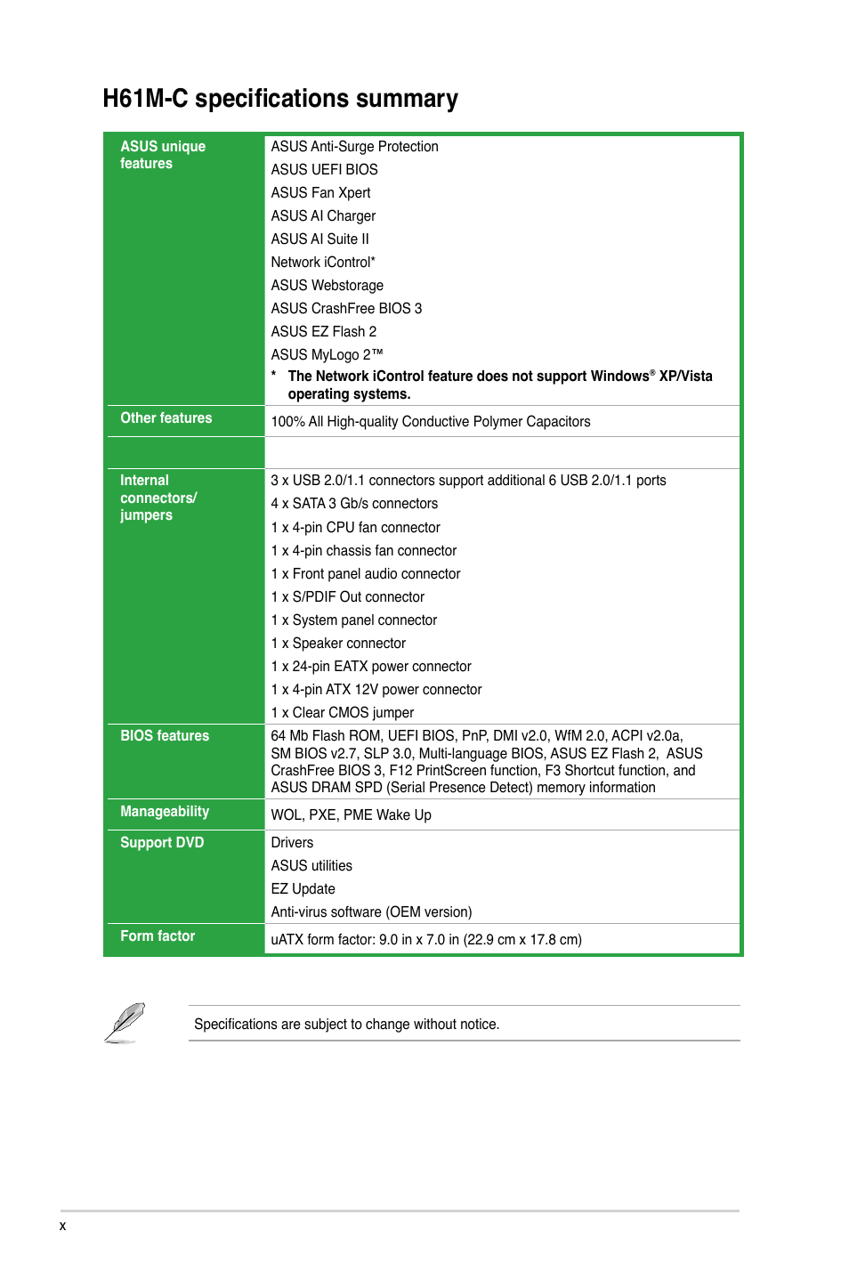 H61m-c specifications summary | Asus H61M-C User Manual | Page 10 / 72