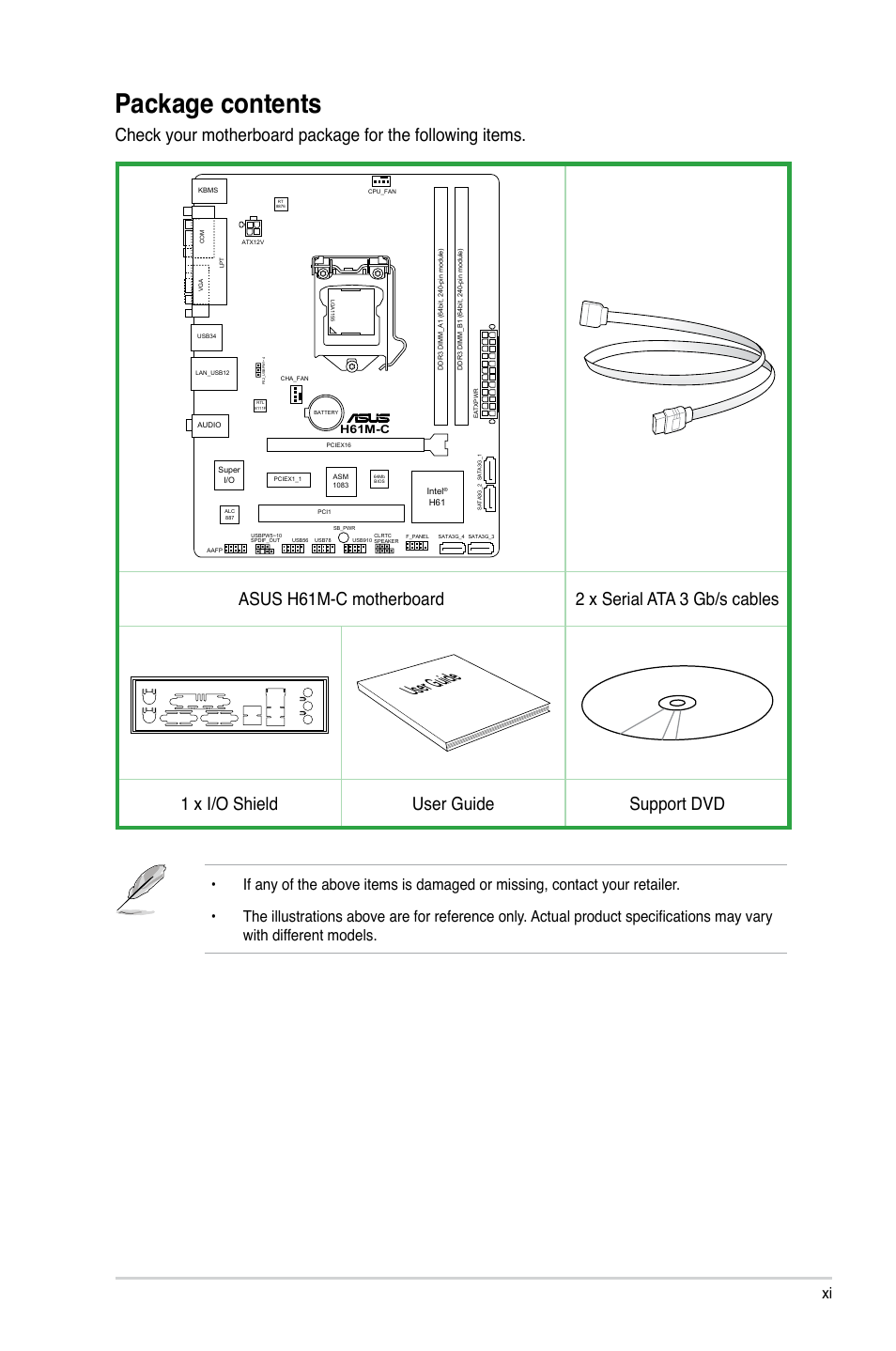 Package contents, User guide, 1 x i/o shield user guide support dvd | Asus H61M-C User Manual | Page 11 / 72