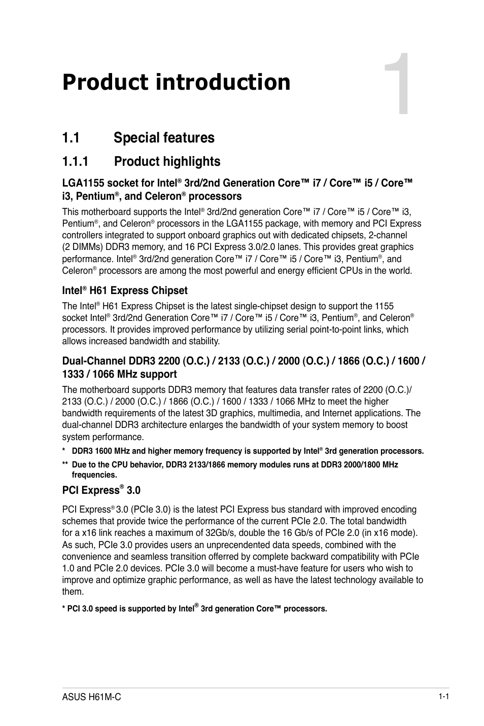 Product introduction, 1 special features, 1 product highlights | Asus H61M-C User Manual | Page 13 / 72