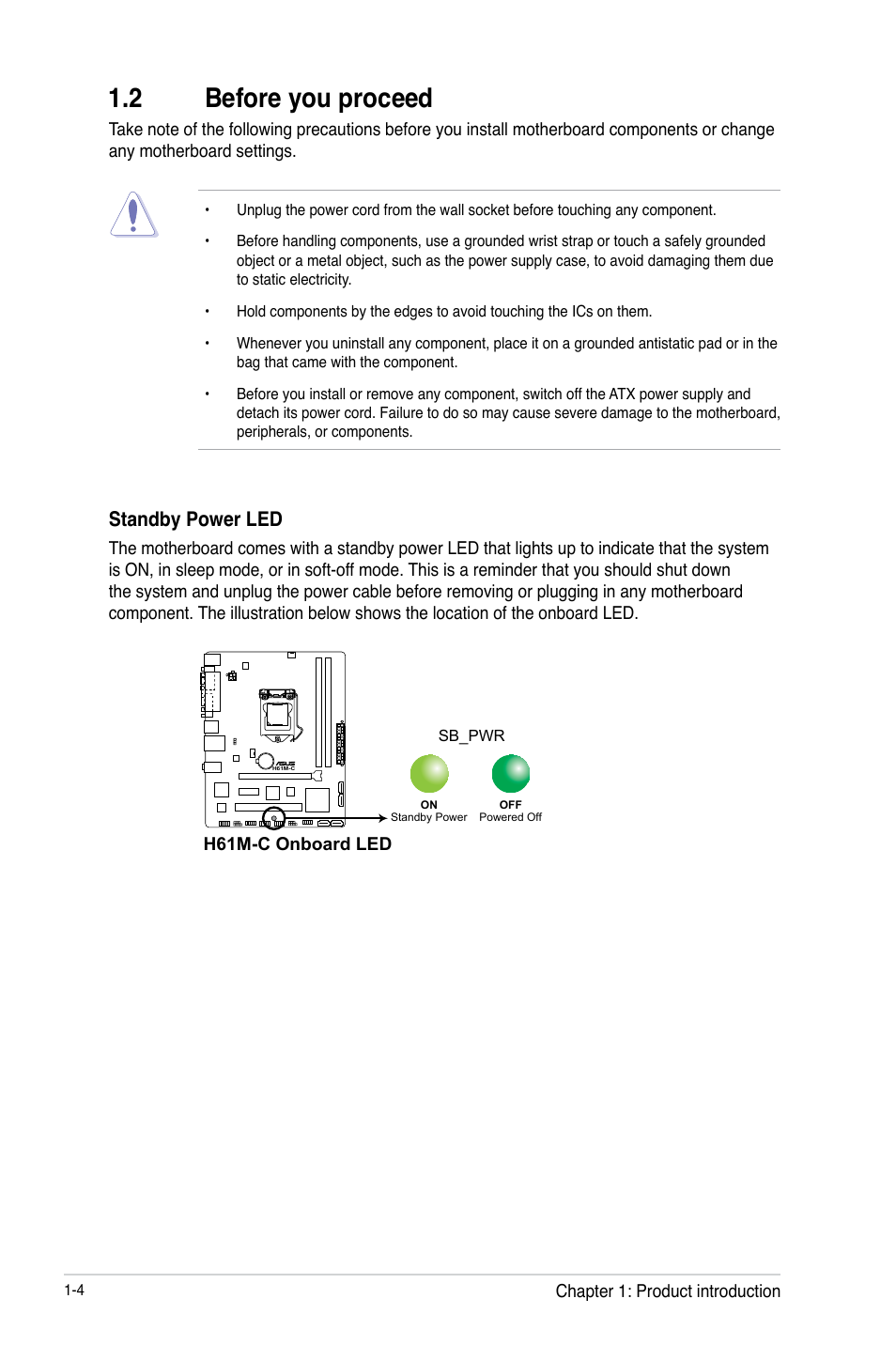 2 before you proceed, Standby power led | Asus H61M-C User Manual | Page 16 / 72
