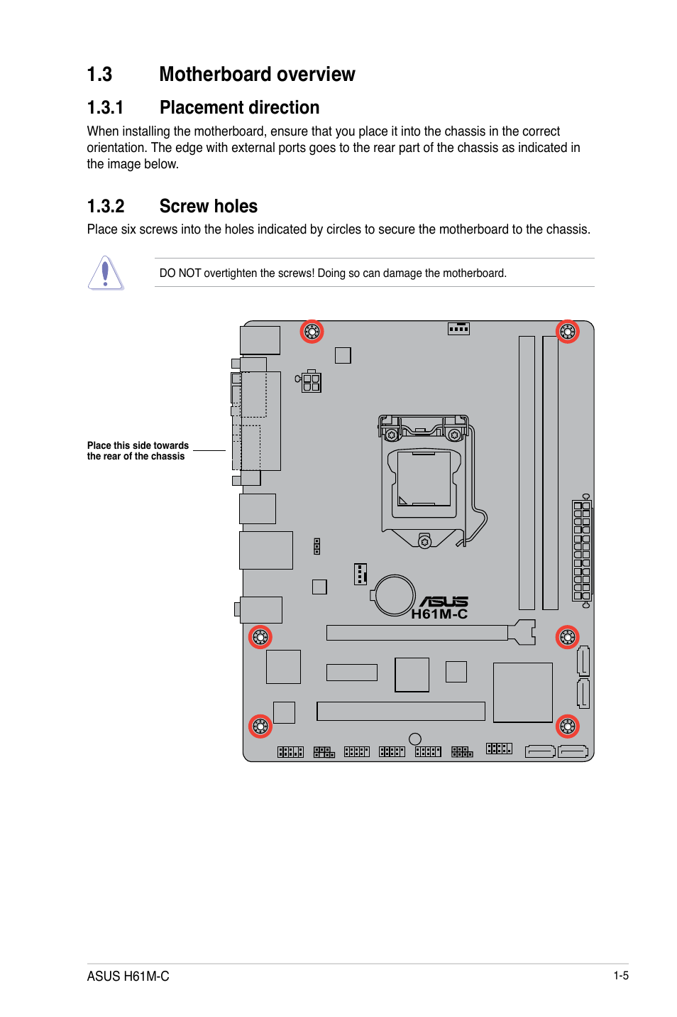 3 motherboard overview, 1 placement direction, 2 screw holes | Asus H61M-C User Manual | Page 17 / 72