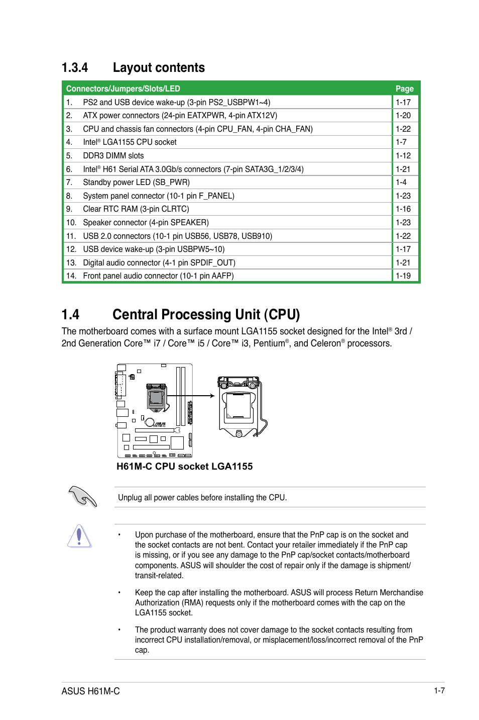 4 central processing unit (cpu), 4 layout contents | Asus H61M-C User Manual | Page 19 / 72