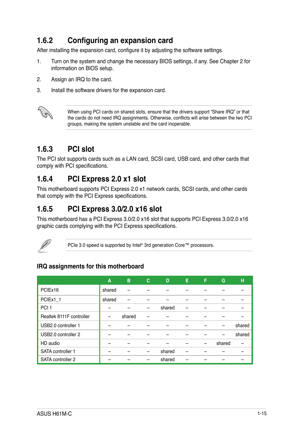 2 configuring an expansion card, 3 pci slot, 4 pci express 2.0 x1 slot | Irq assignments for this motherboard | Asus H61M-C User Manual | Page 27 / 72