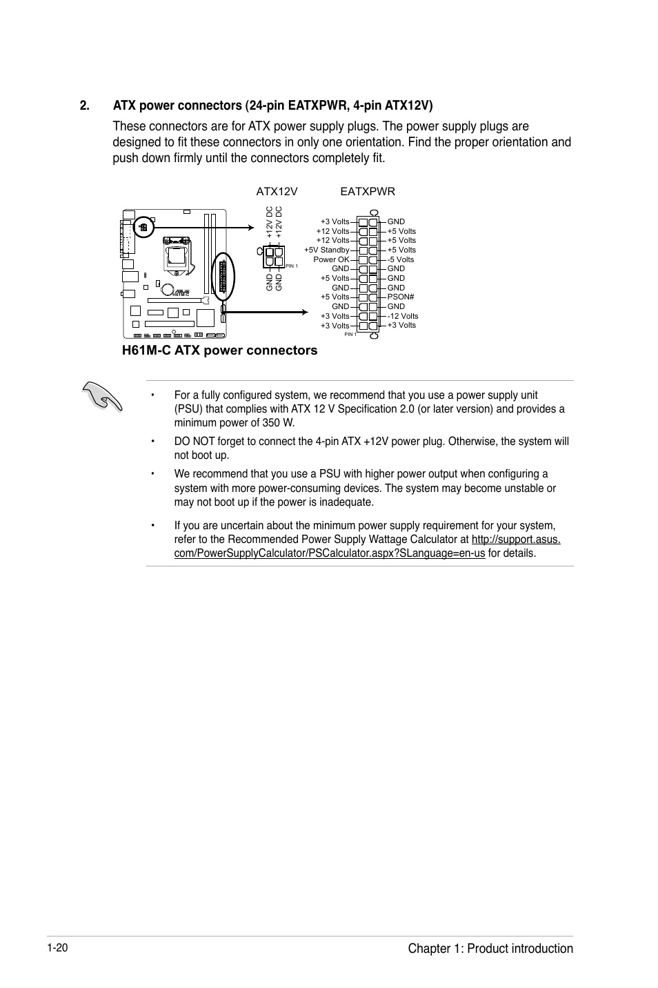 H61m-c atx power connectors, Chapter 1: product introduction | Asus H61M-C User Manual | Page 32 / 72