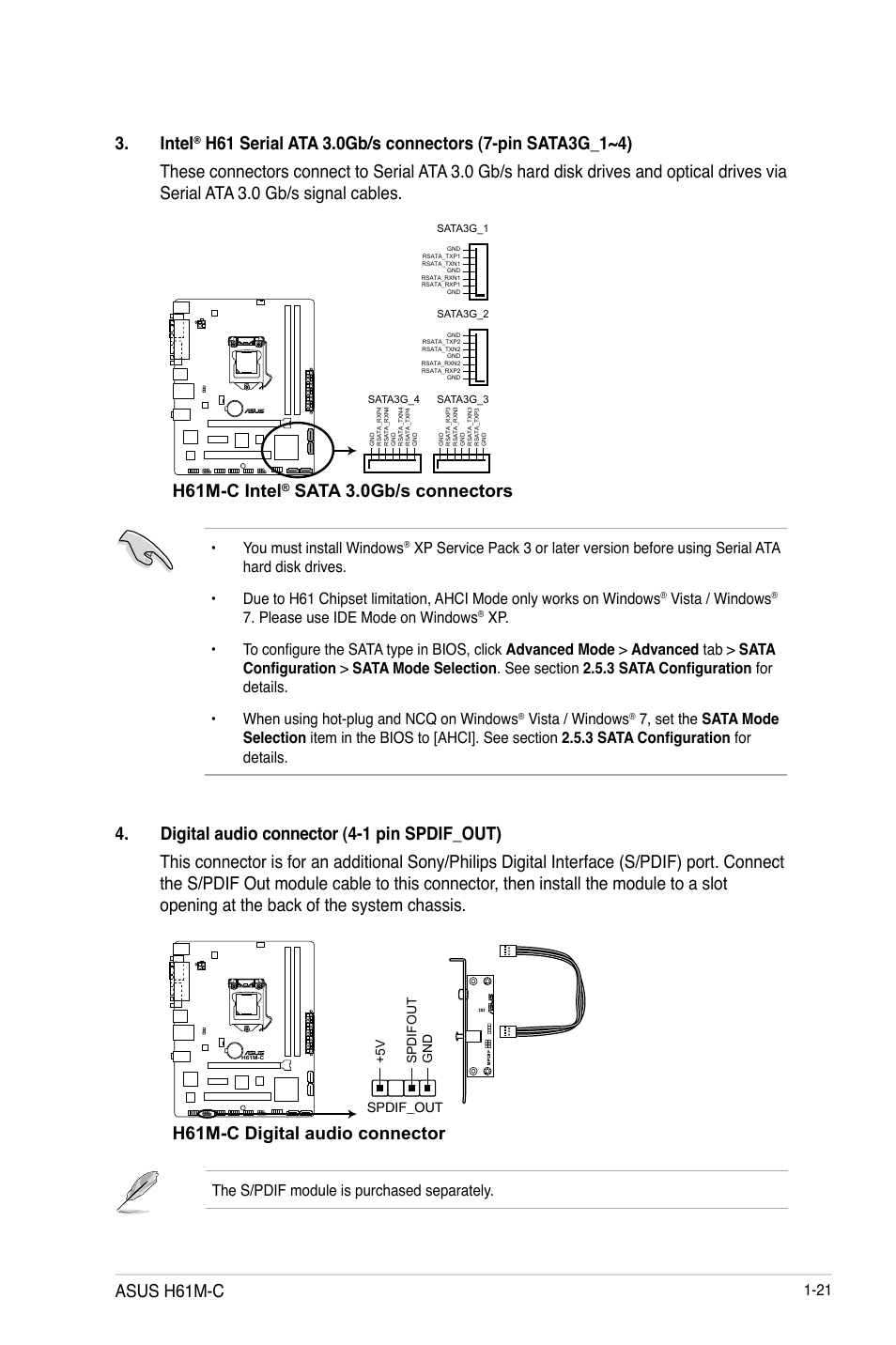 Intel, H61m-c intel, Sata 3.0gb/s connectors | H61m-c digital audio connector, Asus h61m-c | Asus H61M-C User Manual | Page 33 / 72