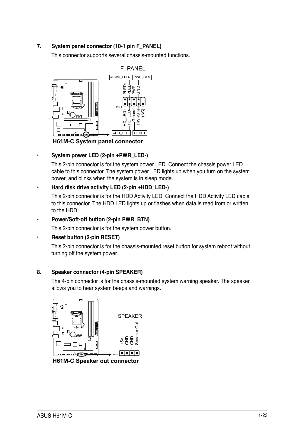 F_panel, H61m-c system panel connector, H61m-c speaker out connector | Asus h61m-c | Asus H61M-C User Manual | Page 35 / 72