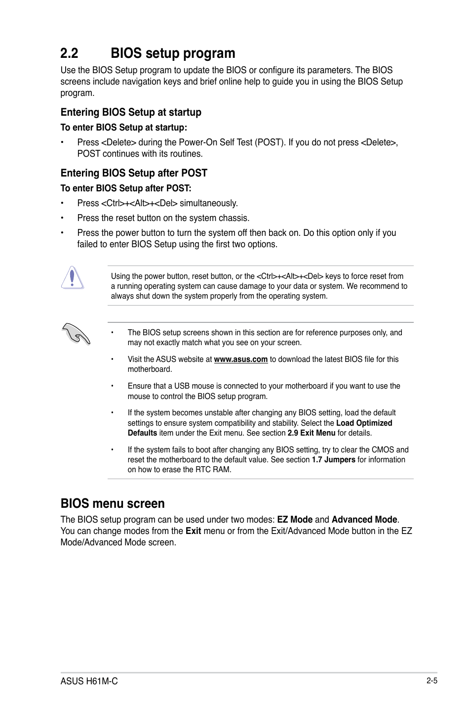 2 bios setup program, Bios menu screen | Asus H61M-C User Manual | Page 41 / 72