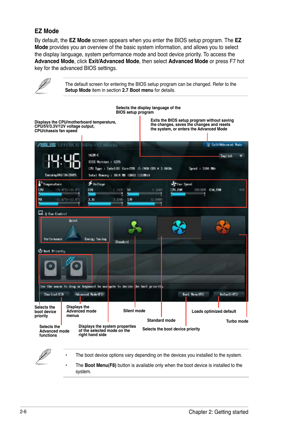 Ez mode, Chapter 2: getting started | Asus H61M-C User Manual | Page 42 / 72