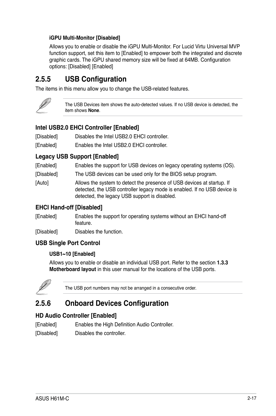 5 usb configuration, 6 onboard devices configuration | Asus H61M-C User Manual | Page 53 / 72