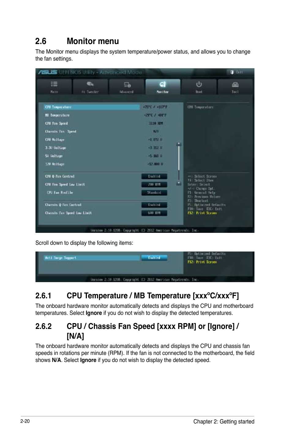 6 monitor menu, 1 cpu temperature / mb temperature [xxxºc/xxxºf | Asus H61M-C User Manual | Page 56 / 72