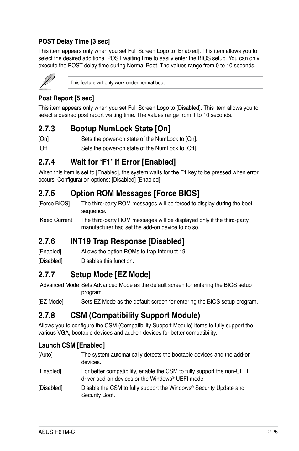 3 bootup numlock state [on, 4 wait for ‘f1’ if error [enabled, 5 option rom messages [force bios | 6 int19 trap response [disabled, 7 setup mode [ez mode, 8 csm (compatibility support module) | Asus H61M-C User Manual | Page 61 / 72