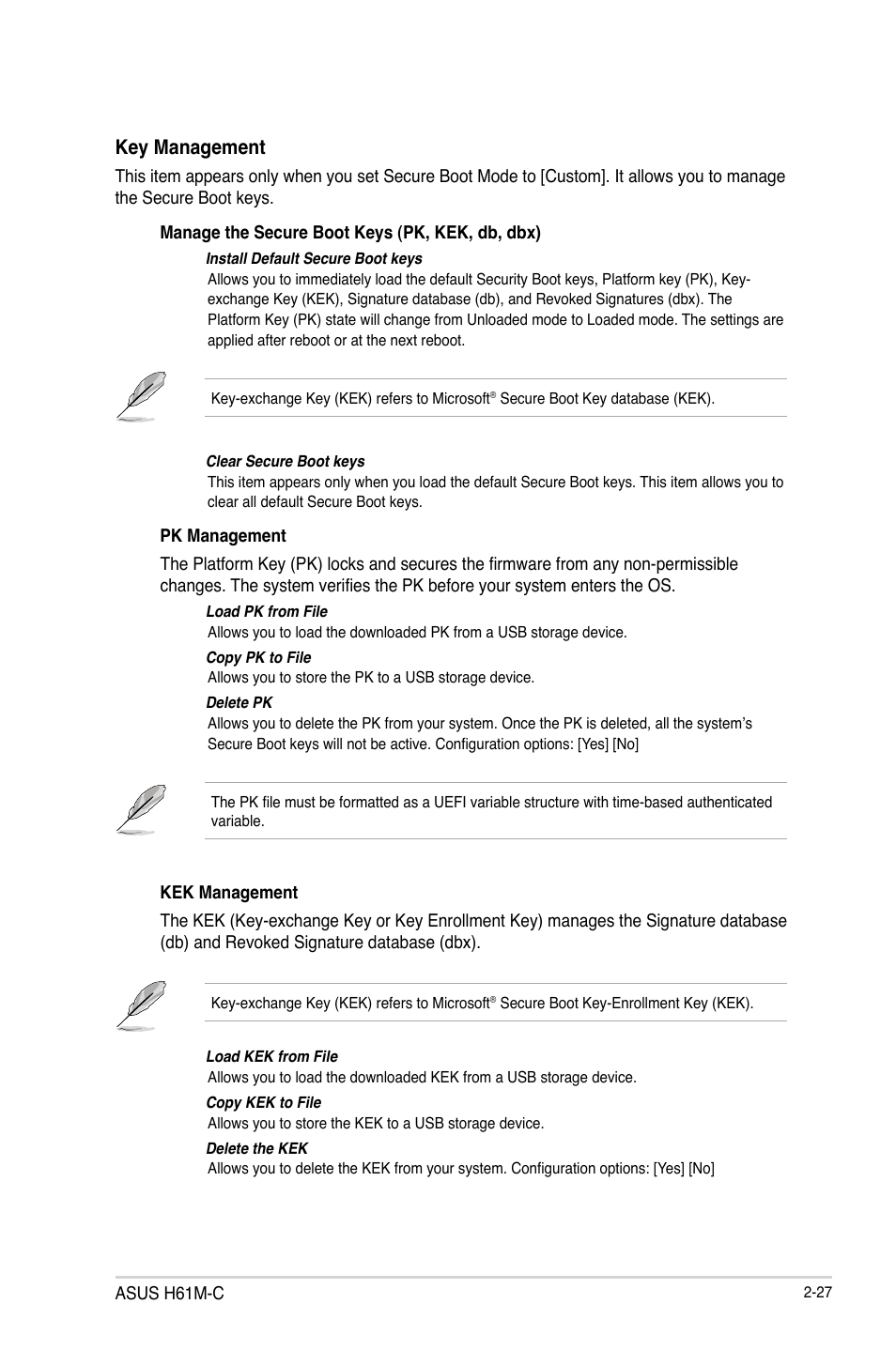 Key management | Asus H61M-C User Manual | Page 63 / 72