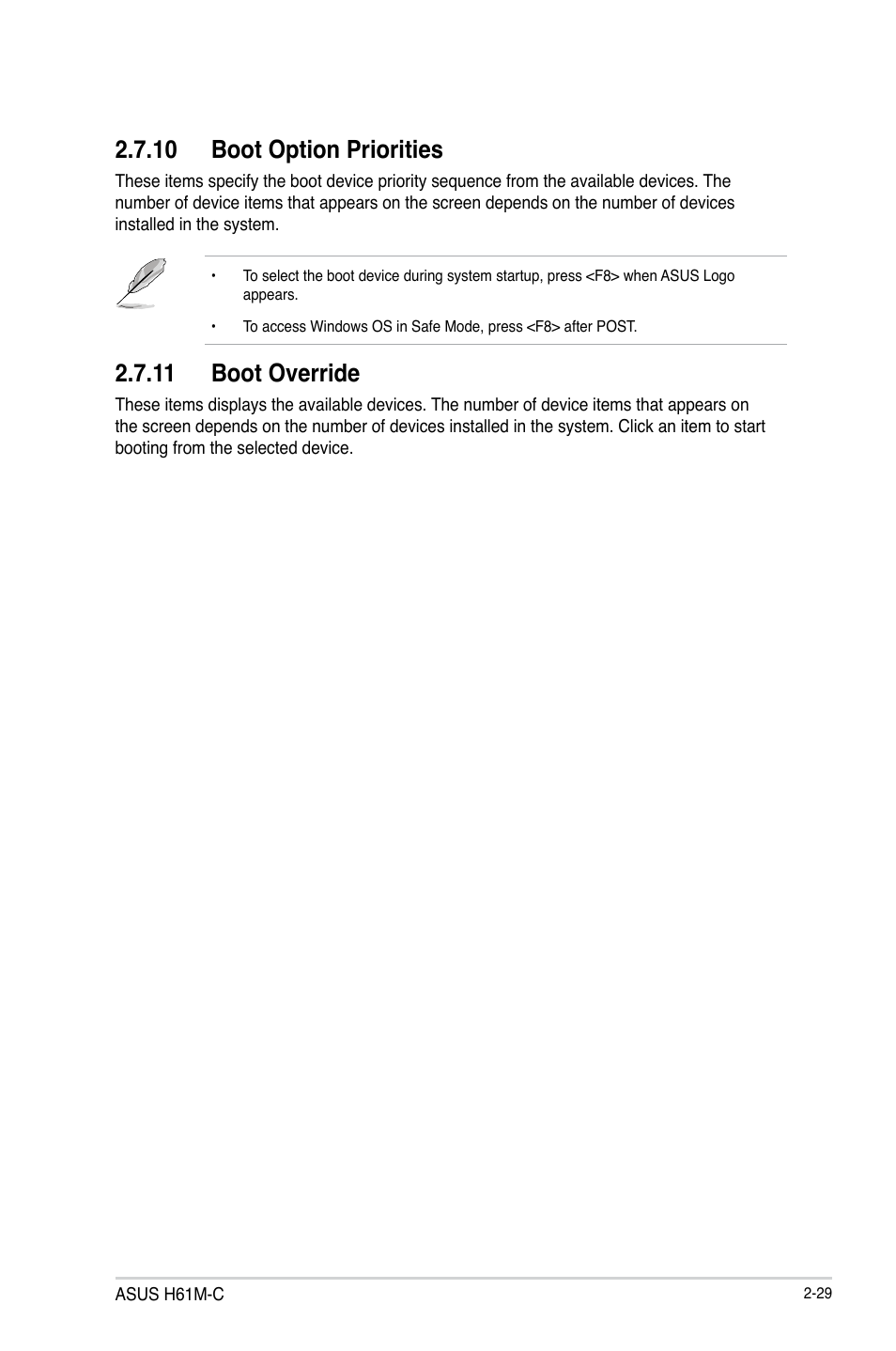 10 boot option priorities, 11 boot override | Asus H61M-C User Manual | Page 65 / 72