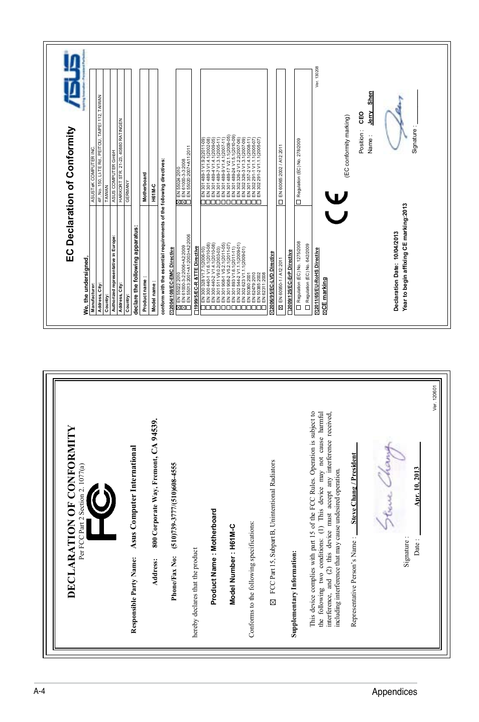 Declaration of conformity, Appendices, Ec declaration of conformity | Asu s c om pu te r in te rn at io na l, Address: 800 corporate way, fremont | Asus H61M-C User Manual | Page 72 / 72