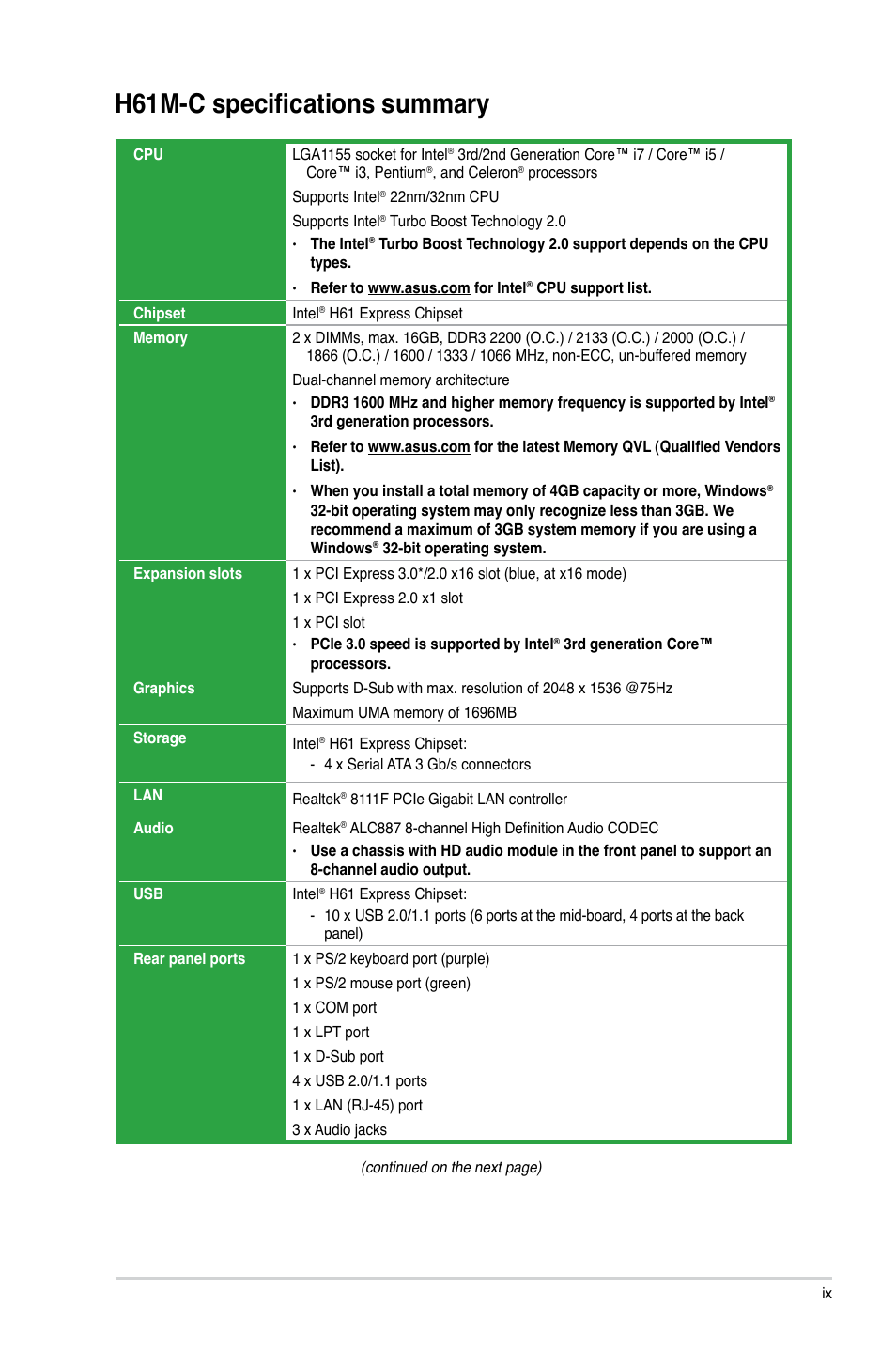 H61m-c specifications summary | Asus H61M-C User Manual | Page 9 / 72