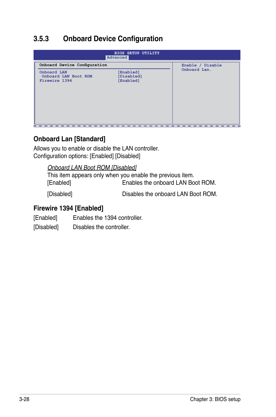 � onboard device configuration, Onboard lan [standard, Firewire 1394 [enabled | Asus Crosshair III Formula User Manual | Page 102 / 170