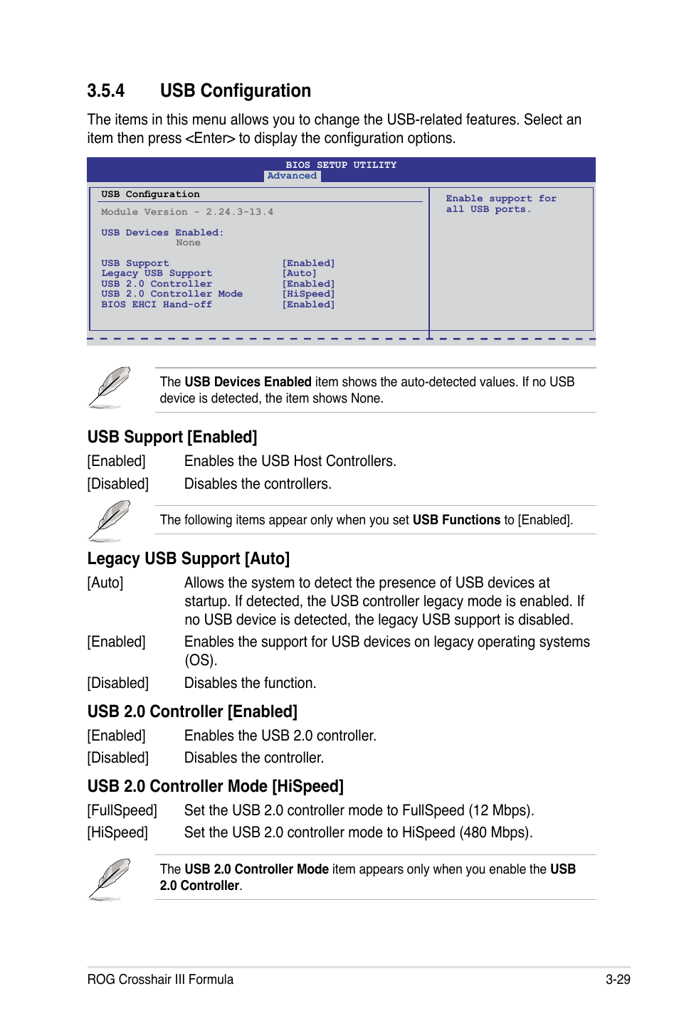 4 usb configuration, Usb support [enabled, Legacy usb support [auto | Usb 2.0 controller [enabled, Usb 2.0 controller mode [hispeed | Asus Crosshair III Formula User Manual | Page 103 / 170