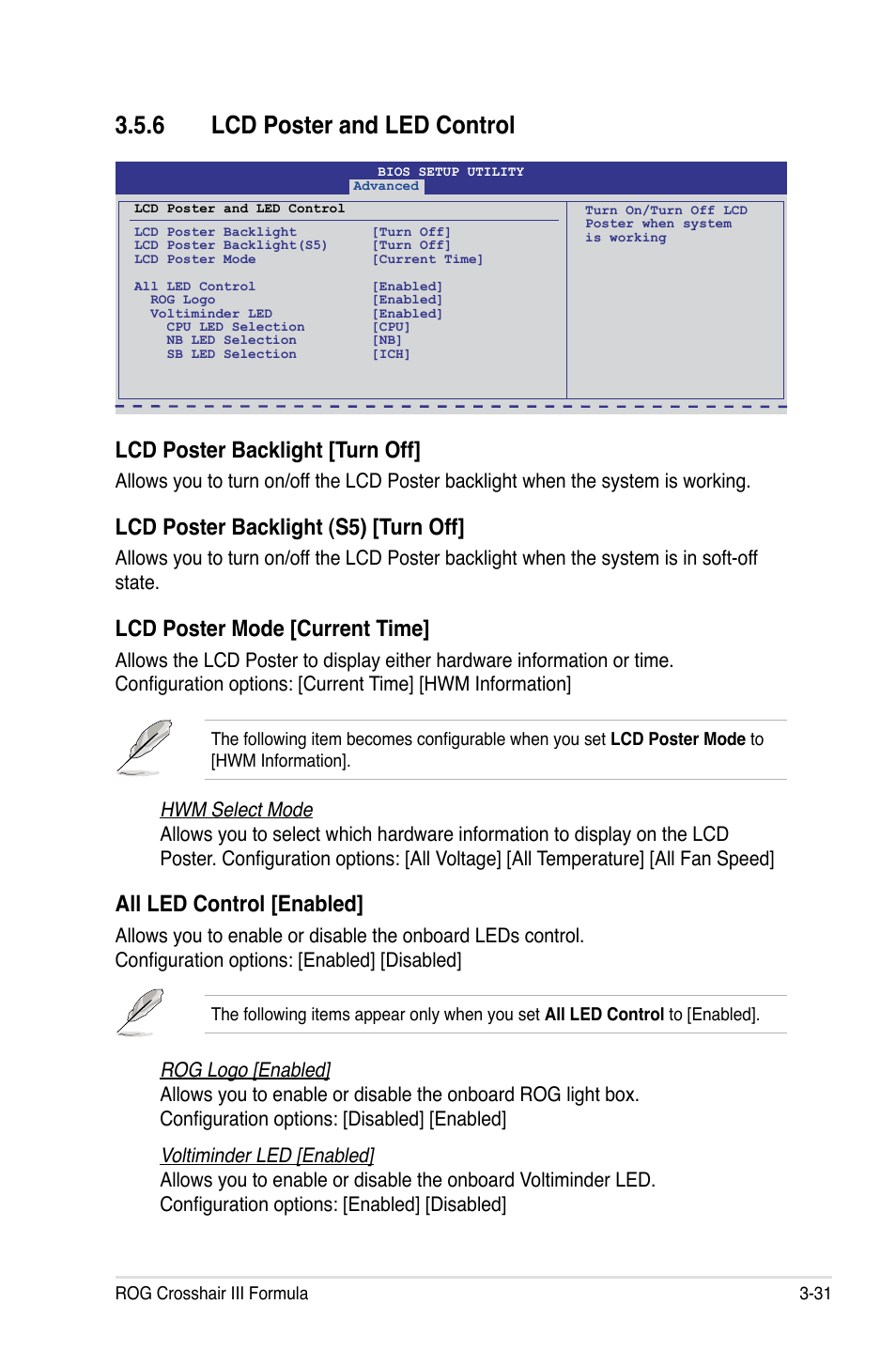 6 lcd poster and led control, Lcd poster backlight [turn off, Lcd poster backlight (s5) [turn off | Lcd poster mode [current time, All led control [enabled | Asus Crosshair III Formula User Manual | Page 105 / 170